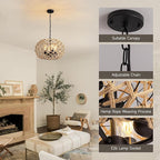 19" Rattan Farmhouse Chandelier Light Fixtures,4-Light Boho Rattan Chandelier for Dining Room Large Hand Woven Pendant Light Hanging Light Fixtures with Fabric Shade for Living Room Bedroom Kitchen