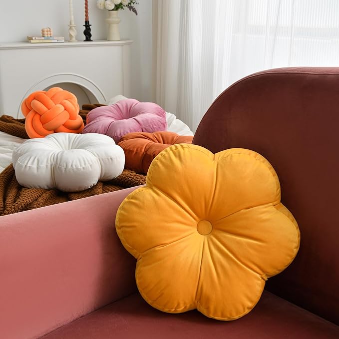 Xuyier Flower Pillow, Flower Shaped Pillow with Velvet for Couch Bed Chair Sofa, Home Decor Floor Seating Cushion Cute Throw Pillows for Living Room Bedroom (15 Inches, Ginger Yellow)