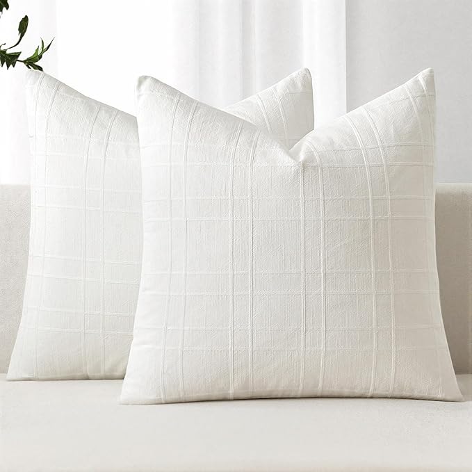 MIULEE Decorative Linen Check Throw Pillow Covers Neutral Farmhouse Vintage Christmas Pillow Covers 20x20 Set of 2 Boho Modern Home Decor for Sofa Couch Bedroom Cushion Cream White