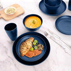 Blue Dinnerware Sets for 8,Blue Plates and Bowls Sets Plastic,Wheat Straw Dinnerware Sets Unbreakable Microwave Safe Lightweight,32 Pcs Dishes Set for 4th of july Apartment Essentials Dorm