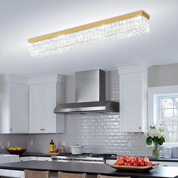L 40" Modern Rectangle Chandelier Gold Rectangular Flush Mount Chandelier Crystal Ceiling Light Fixture for Dining Living Room Kitchen Island