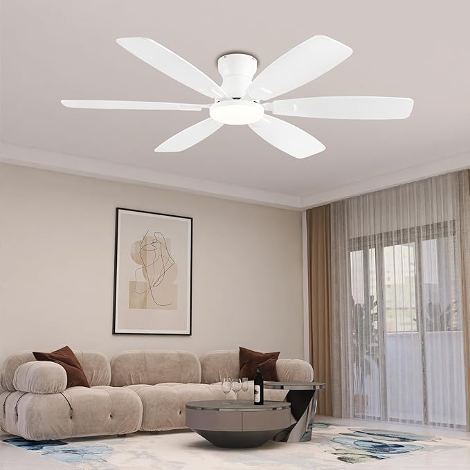 Ceiling Fans with Lights, 52 Inch Low Profile Ceiling Fan with Light and Remote Control, Flush Mount, Reversible, 3CCT, Dimmable, Quiet, White Ceiling Fan for Bedroom Indoor/Outdoor Use