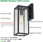 MICSIU Black Outdoor Wall Light Fixture 2 Pack, Clear Glass Exterior Wall Sconce Modern with E26 Base Socket, 13.75 Inch Outside Lights for House, Yard, Shop, Doorway, Pathway, Balcony