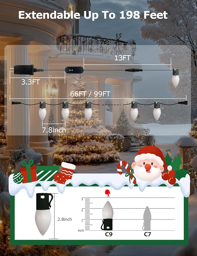 HIITEN Smart C9 Christmas Lights Outdoor 99ft, 150 LED RGBW Chasing Effects Xmas Lights Outdoor, APP and Remote Controlled with Timer Music Sync, Extendable LED Christmas Lighting for House Tree
