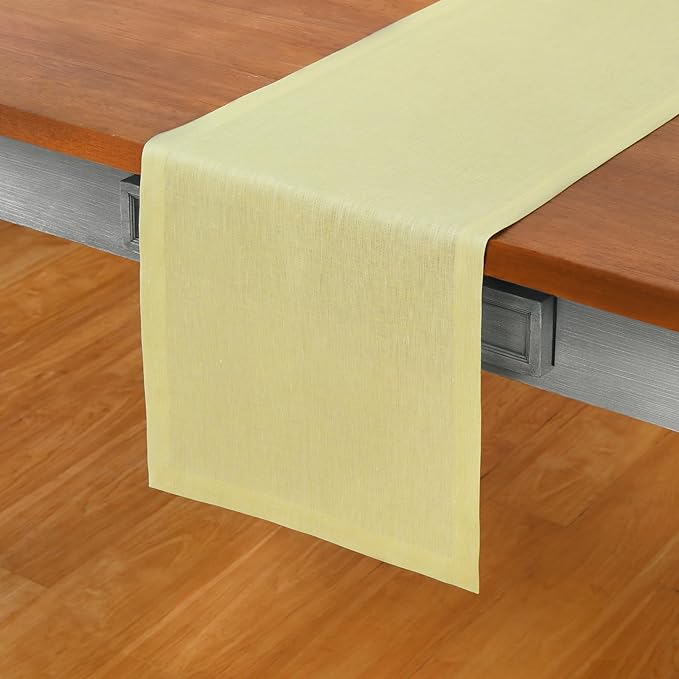 Solino Home Linen Short Table Runner 36 Inches - Athena, 100% Pure Linen Chambray Yellow Table Runner 14 x 36 Inch Ideal for Dresser and Coffee Tables