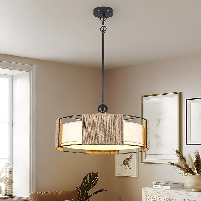 19.7" Rattan Chandelier ，5-Light Boho Dining Room Chandelier，Rustic Chandelier with Fabric lampshade，Suitable for Farmhouse Dining Room ，Living Room， Kitchen Bedroom， Hallway Stairs Hanging