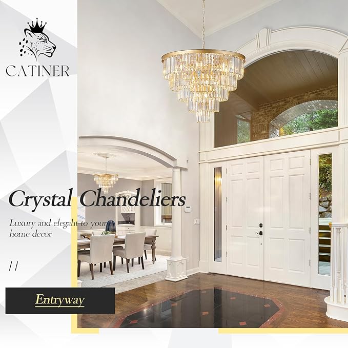Large Crystal Chandeliers Modern 30”Gold Chandelier for Foyer Staircase Chandeliers 5 Tiers 16 Lights Luxury K9 Ceiling Pendant Lighting Fixture for Dining Room Bedroom