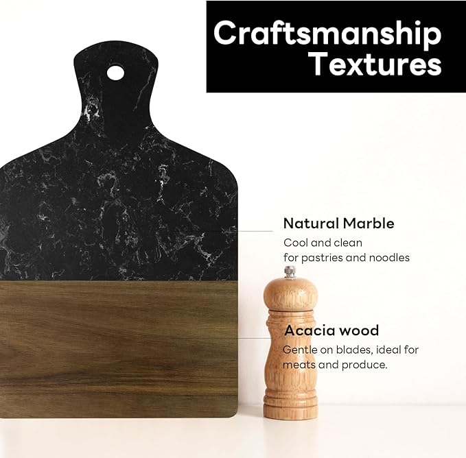 Marble Cutting Board, Charcuterie Board with Handle, Marble and Acacia Tray for steak, cheese, hamburgers and biscuits, Great for gifts (black)