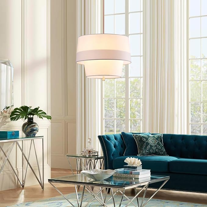 Shrine Lighting Double Drum Chandelier, Modern Drum Pendnat Light for Dining Room, D15.7'' x H11'', Adjustable 47'', E12*4 Sockets, White Fabric Lampshade & French Gold Finish Frame