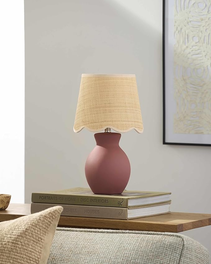 BoutiqueRugs Liliac Boho Ceramic and Jute Bedside Table Lamp for Bedroom Nightstand - End Side Lighting for Living Room - Shade Rattan - Brown, Beige - 15" H