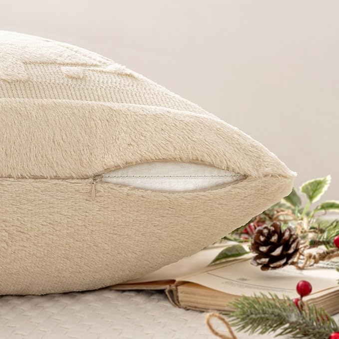 MIULEE Christmas Trees Pillow Covers Set of 2 Decorative Soft Throw Pillows Plush Faux Fur Wool Embroidered Couch Cushion for Holiday Winter Home Decor Chair Sofa Bedroom Living Room,Beige 20x20inch
