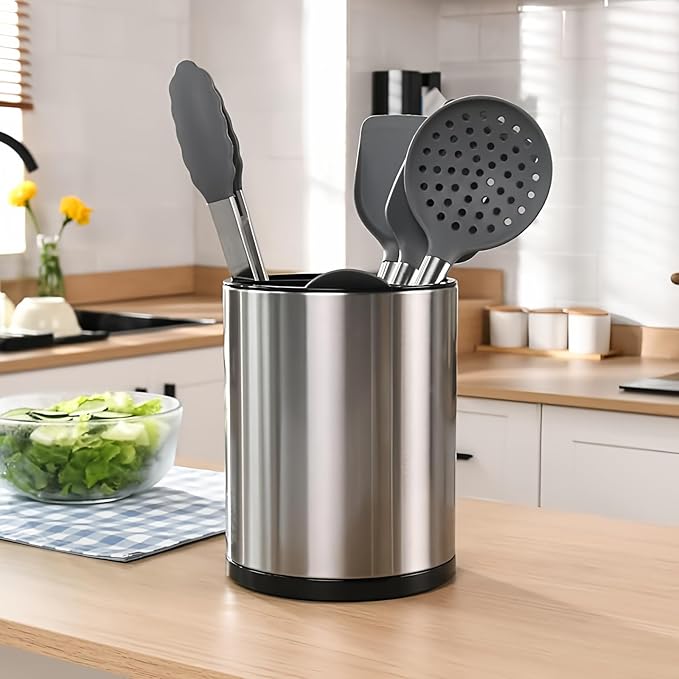 RedCall Stainless Steel Cooking Utensil Holder,360° Rotating Kitchen Utensil Holder,Extra Large Spatula Spoon Holder Counter,Weighted Base Utensil Caddy Storage Organizer for Countertop