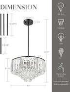 15'' Crystal Chandelier, 5-Tier Modern Chandelier with Matte Black Finish, Pendant Light for Dining Room Kitchen Island Bedroom Entryway, CC4215-5W-BK