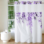 QiyI No Hook Shower Curtain with Snap in Fabric Liner, Purple Eucalyptus Shower Curtain with See Through Top Window, Waterproof Washable Cloth Ringless Shower Curtain Set for Bathroom, 72 x 75