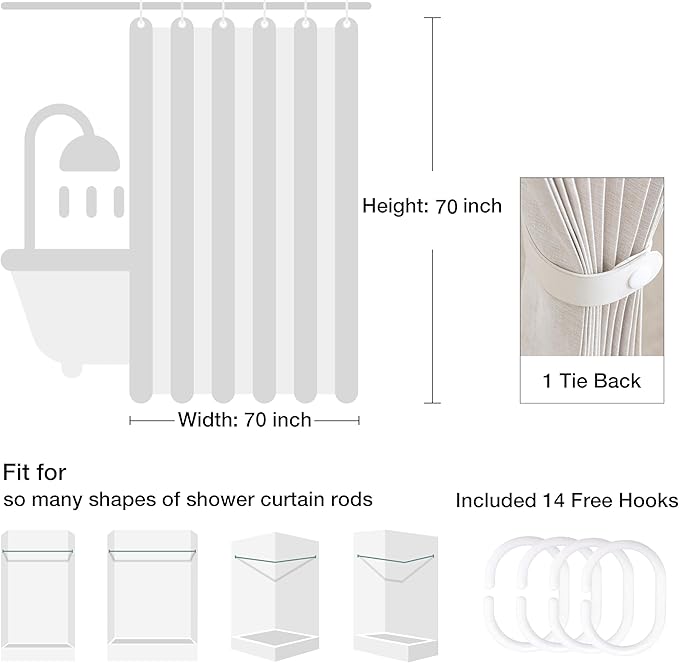 Jubilantex Folding Linen Shower Curtain for Bathroom Pink Waterproof Shower Curtain 1 Panel with 14 Metal Grommets and 1 Tie Back for Hotel,70"x70"