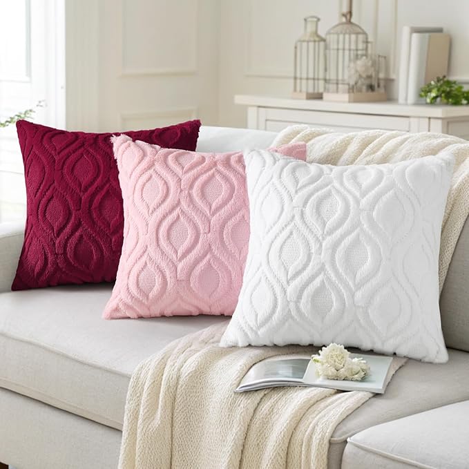 decorUhome Christmas Throw Pillow Covers 16x16 Inch Set of 2, Soft Plush Decorative Faux Fur Burgundy Solid Couch Pillow Covers, Accent Farmhouse Neutral Square Euro Pillow Cases for Sofa Living Room