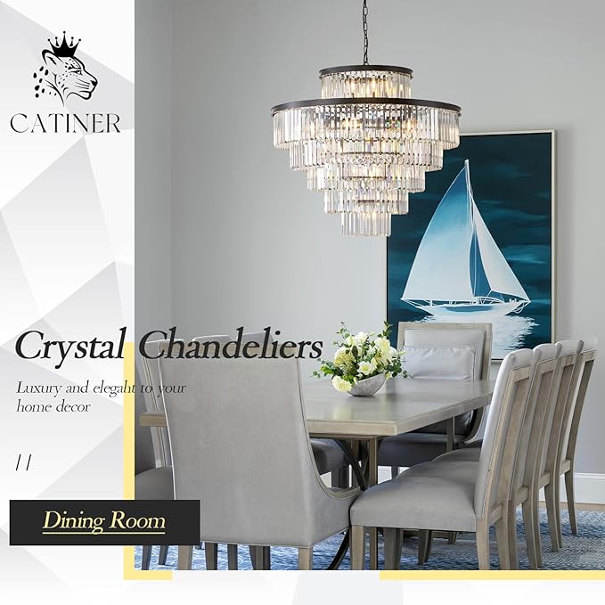 Large Crystal Chandeliers 23 Lights 36" Modern Black Luxury Chandelier for Foyer Staircase Chandeliers 6 Tiers Round K9 Ceiling Pendant Lighting Fixture for Living Dining Room
