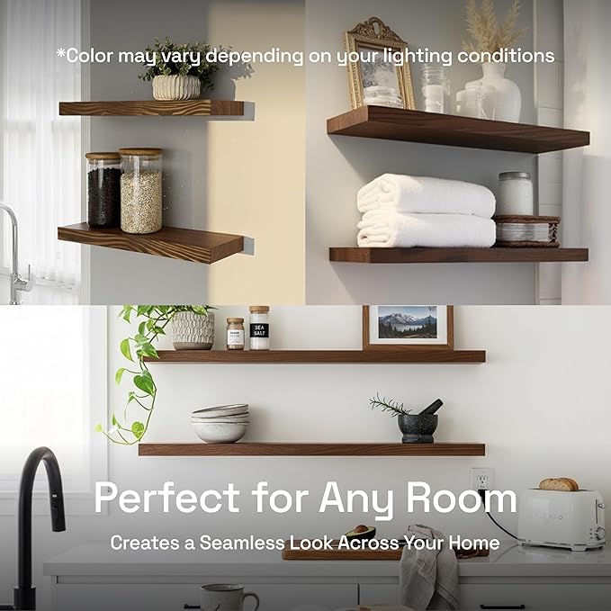 BAOBAB WORKSHOP Solid Wood Floating Shelves for Wall 12 Inch Wide, Small Wooden Shelf Kitchen, Bathroom Shelves for Room Wall Mounted Rustic Farmhouse, Walnut Floating Shelves, 12W × 6.7D, Set of 2