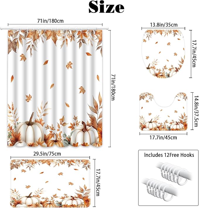 MEHOFOND 4pcs Fall Pumpkin Maple Leaf Shower Curtain Set, Autumn Leaves Harvest Thanksgiving Watercolor Shower Curtain Sets, Fall Bathroom Decor with Non-Slip Rugs Toilet Lid Cover and Bath Mat