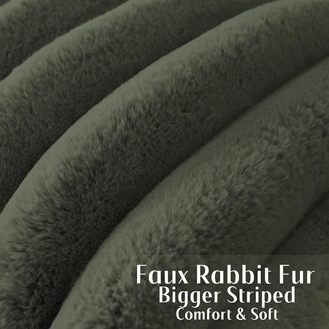 FUTEI Olive Green Decorative Throw Pillow Covers 12x20 Inch Set of 2, Square Soft Faux Rabbit Fur Big Striped Cushion Cover,Home Decor for Couch Sofa Bed Living Room