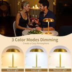 Cordless Mushroom Table Lamp, 2500mAH Rechargeable Battery Operated Lamp with 3 Color Stepless Dimming, Portable Touch Bedside Lamps for Bedroom, Nightstand, Patio, Office, Party, Bar, Gold
