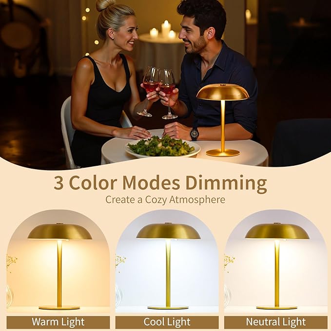 Cordless Mushroom Table Lamp, 2500mAH Rechargeable Battery Operated Lamp with 3 Color Stepless Dimming, Portable Touch Bedside Lamps for Bedroom, Nightstand, Patio, Office, Party, Bar, Gold