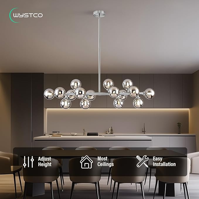16-Light Globe Sputnik Chandelier, Mid Century Modern Light Fixture Over Table, Chrome Silver Linear Chandeliers for Dining Room and Kitchen Island (Smoke Grey Glass Bubble Shades, 40 Inch)