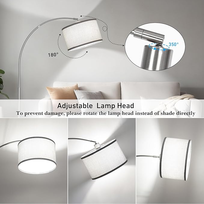 Silver Arc Floor Lamp for Living Room, Modern Standing Lamp with Adjustable Head Tall Pole Lamp with On/Off Pedal Switch Over Couch Arched Tall standing light for Reading Bedroom 8W LED Bulb Included