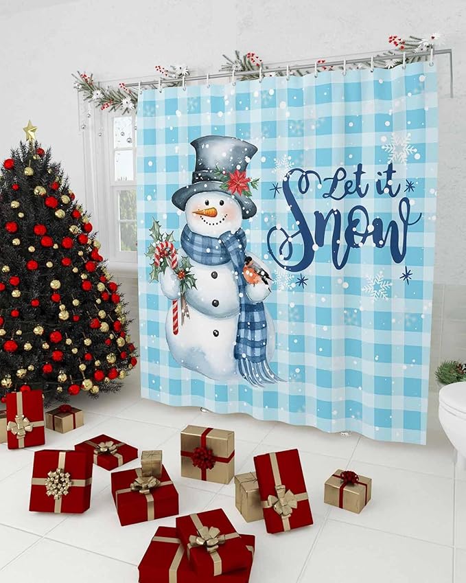Snowman Christmas Shower Curtain, Let It Snow Winter Holiday Shower Curtains Set with Hooks, Blue White Buffalo Plaid Waterproof Fabric Bathroom Curtains Decor Home Accessories,72 X 78 Inch Long