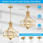 XINGQI Gold Chandeliers Modern Crystal Dining Room Light Fixture Pendant 4-Light, Rustic Chandeliers with Round Metal Lampshade for Living Room Hallway Bedroom Foyer