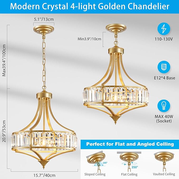 XINGQI Gold Chandeliers Modern Crystal Dining Room Light Fixture Pendant 4-Light, Rustic Chandeliers with Round Metal Lampshade for Living Room Hallway Bedroom Foyer