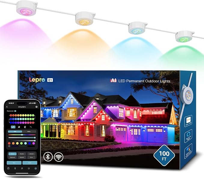 Lepro E1 AI Permanent Outdoor Lights APP Control, 100ft 60 LED Smart RGB+IC+Warm/Cool White House Eave Light for Halloween Christmas, Alexa Google Enabled, 2.4 GHz WiFi/Bluetooth, NO Remote Controller