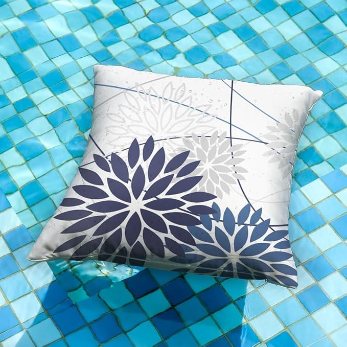 Blue Flower Pillow Covers 20x20 Inch Set of 2 Dark and Light Blue Colored Pillow Farmhouse Outdoor Waterproof Decor for Patio Funiture Garden Summer Floral Polyester Square Cushion Cover 01D20