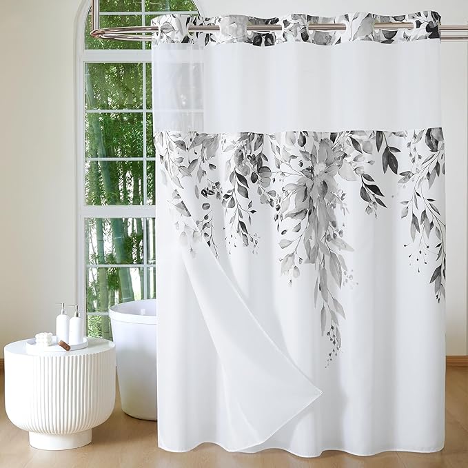 QiyI No Hook Shower Curtain with Snap in Fabric Liner, Grey Eucalyptus Shower Curtain with See Through Top Window, Waterproof Washable Cloth Ringless Shower Curtain Set for Bathroom, 72 x 81