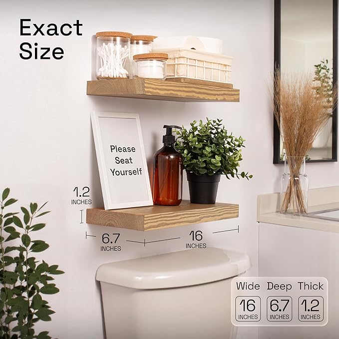 BAOBAB WORKSHOP Natural Wood Floating Shelves for Wall 16 inch - Floating Wall Shelves for Kitchen Bedroom - Wooden Bathroom Shelves - Floating Shelf - Oak Finish, 16" W x 6.7" D x 1.2”H