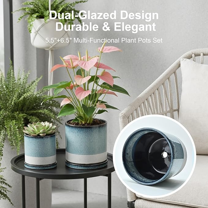 Ceramic Plant Pots Flower Pots Round Planter with Drainage Hole and Saucer Indoor Outdoor with Mesh Pad and Silicone Plug Office Home Decor 5.5+6.5 inch Set 2