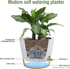 12 inch Large Self Watering Pots for Indoor Outdoor Plants, Flower Plant Pots with Drainage Holes for Garden House Plants, Plastic Planters with Reservoir for Home, White with Brown