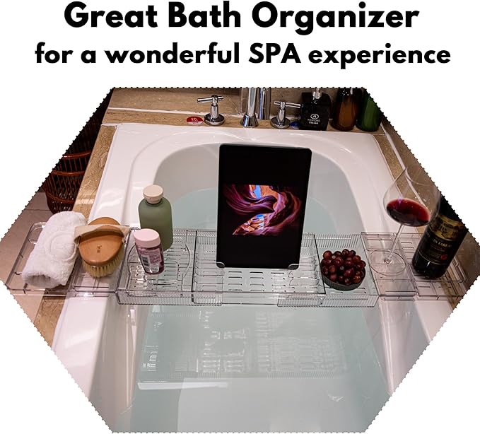 (Extended Edition) Expandable Bathtub Tray for Tub, Clear & Easy Maintenance Acrylic Bath Organizer for Relaxing Spa, Bath Tub Caddy Tray Fits Most Bathtubs and Bathroom Décor Style