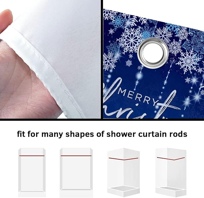 Blue Christmas Shower Curtain, Cute Christmas Gnome Shower Curtain Set, Winter Snowflakes Snow Xmas Shower Curtain Holiday Bathroom Decor, Durable Fabric Machine Washable with Hooks, 72 x 72 Inches