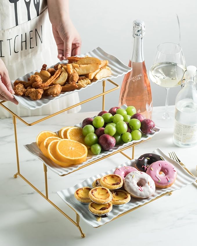 LAUCHUH 3 Tier Trays Stand, Porcelain Serving Trays Collapsible Sturdier Stand Serving Platters Dessert Table Display Set for Party, Entertaining, Thanksgiving, Christmas, Gold, 12.2 Inch