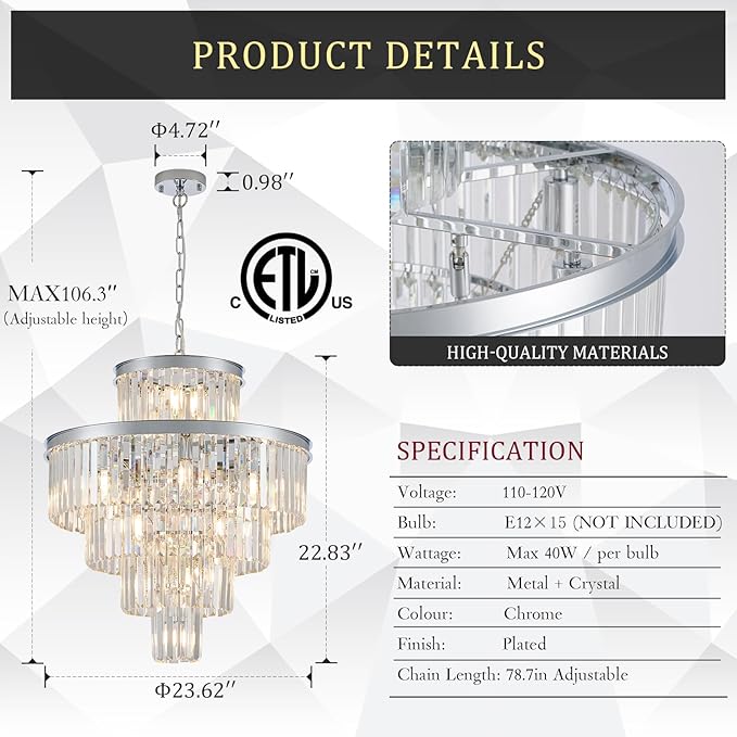 Modern Crystal Chrome Chandelier 15 Lights 24" Round Light Fixture Luxury 5-Tier K9 Crystals Chandelier Contemporary Pendant Lighting for Dinning Room Living Room Foyer Kitchen