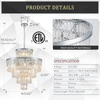 Modern Crystal Chrome Chandelier 15 Lights 24" Round Light Fixture Luxury 5-Tier K9 Crystals Chandelier Contemporary Pendant Lighting for Dinning Room Living Room Foyer Kitchen