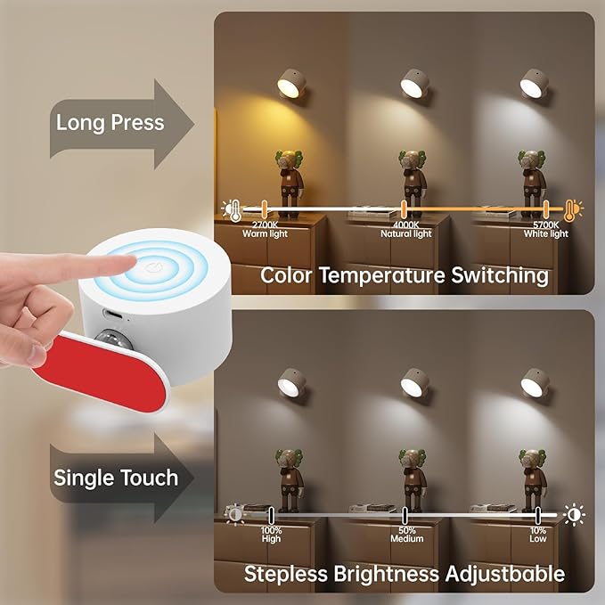 Romote LED Wall Sconce - Rechargeable Wall Light, 3 Colors & 3 Brightness Levels, 360째 Magnetic Rotating Head, Bedside Reading Lamp, Easy Install Battery Operated Lamp White Pack of 2