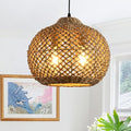 13.79" Rattan Pendant Light Fixture,Farmhouse 2-Light Kitchen Island Ceiling Hanging Lighting Wicker Hand Woven Chandelier,for Bedroom, Dining Room, Entryway, Foyer