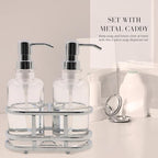 3 Piece Round Heavy Weight Glass Soap Lotion Pump Dispenser Set with Metal Caddy for Home Bath Kitchen Travel Office Hand Crafted Metal Tray Chrome