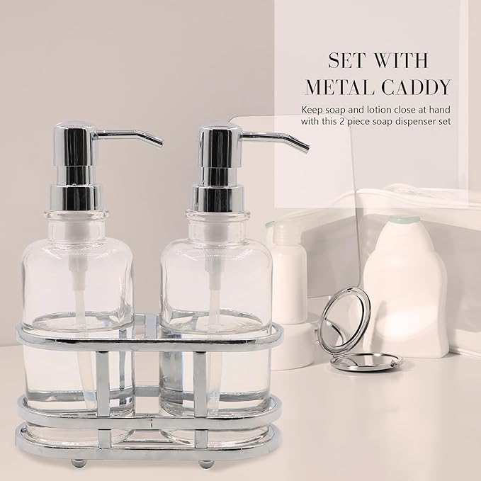 3 Piece Round Heavy Weight Glass Soap Lotion Pump Dispenser Set with Metal Caddy for Home Bath Kitchen Travel Office Hand Crafted Metal Tray Chrome