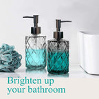 11oz Glass Soap Dispenser with Plastic Pump, Clear & Black Diamond Design Refillable Hand Soap Dispenser for Hand Wash and Dish Wash for Dishwashing Liquid, Lotion Shower Gel