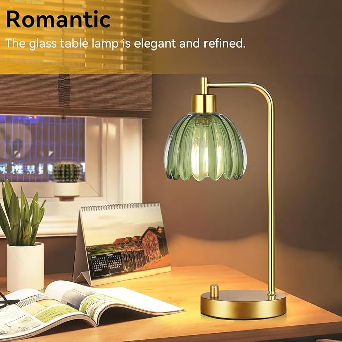 Green Table Lamp Set of 2,Small Glass Bedside Lamps Dimmable Boho Bedroom Lamp with Tulip Flower Lamp Shade,Gold Vintage Mid Century Modern Mini Nightstand Lamp for Bedroom Living Room