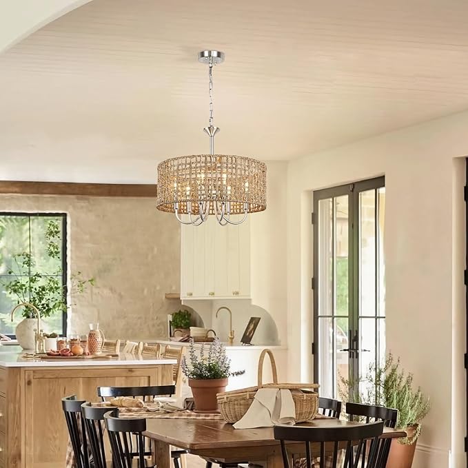 LynPon 17.7" Brushed Nickel Boho Rattan Chandeliers for Dining Room, 6-Light Seagrass Pendant Light Fixtures with Hand Woven Wicker Shade, Farmhouse Drum Chandelier for Living Room Kitchen Hallway