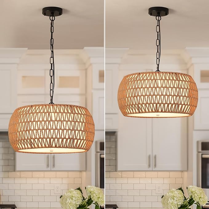 Boho Chandeliers for Dining Room,Rattan Chandeliers with Fabric Shade,Farmhouse Dining Room Light Fixtures,Kitchen Island Lighting 5-Lights Hand Woven Drum Chandelier,18 in,UL Listed